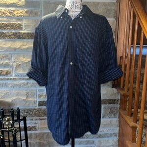Chaps Men’s dress shirt. Large. Navy blue base with light blue, green, red